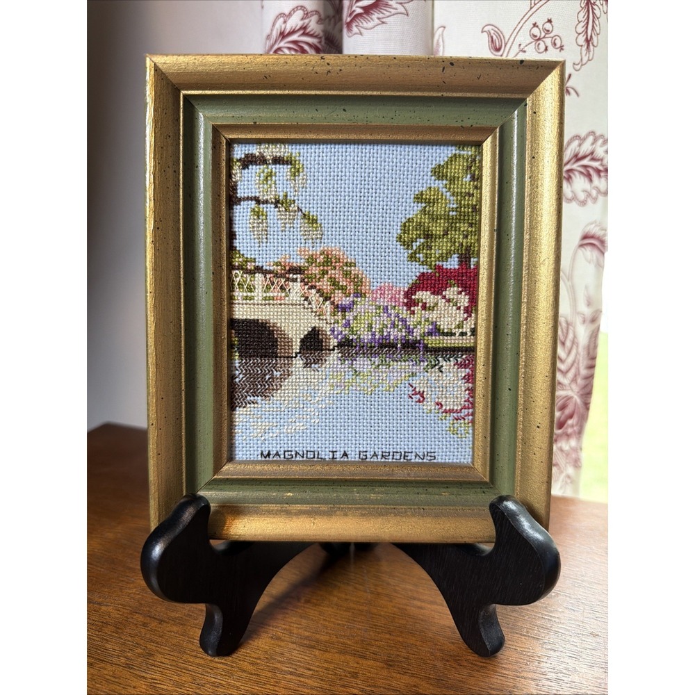 Vintage Needlepoint Magnolia Gardens By Eda J Laughlin Framed Cottagecore